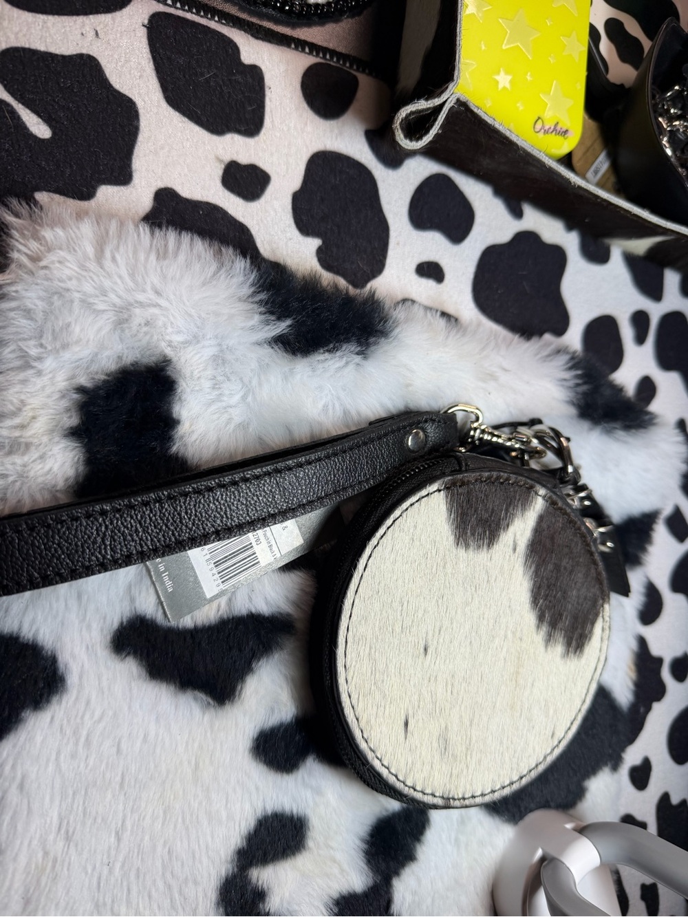 Myra Bag Black and White Cowhide Round Wristlet
